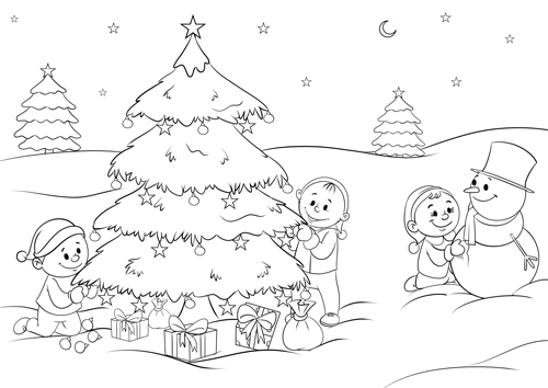 Ausmalbild Weihnachten Bescherung
