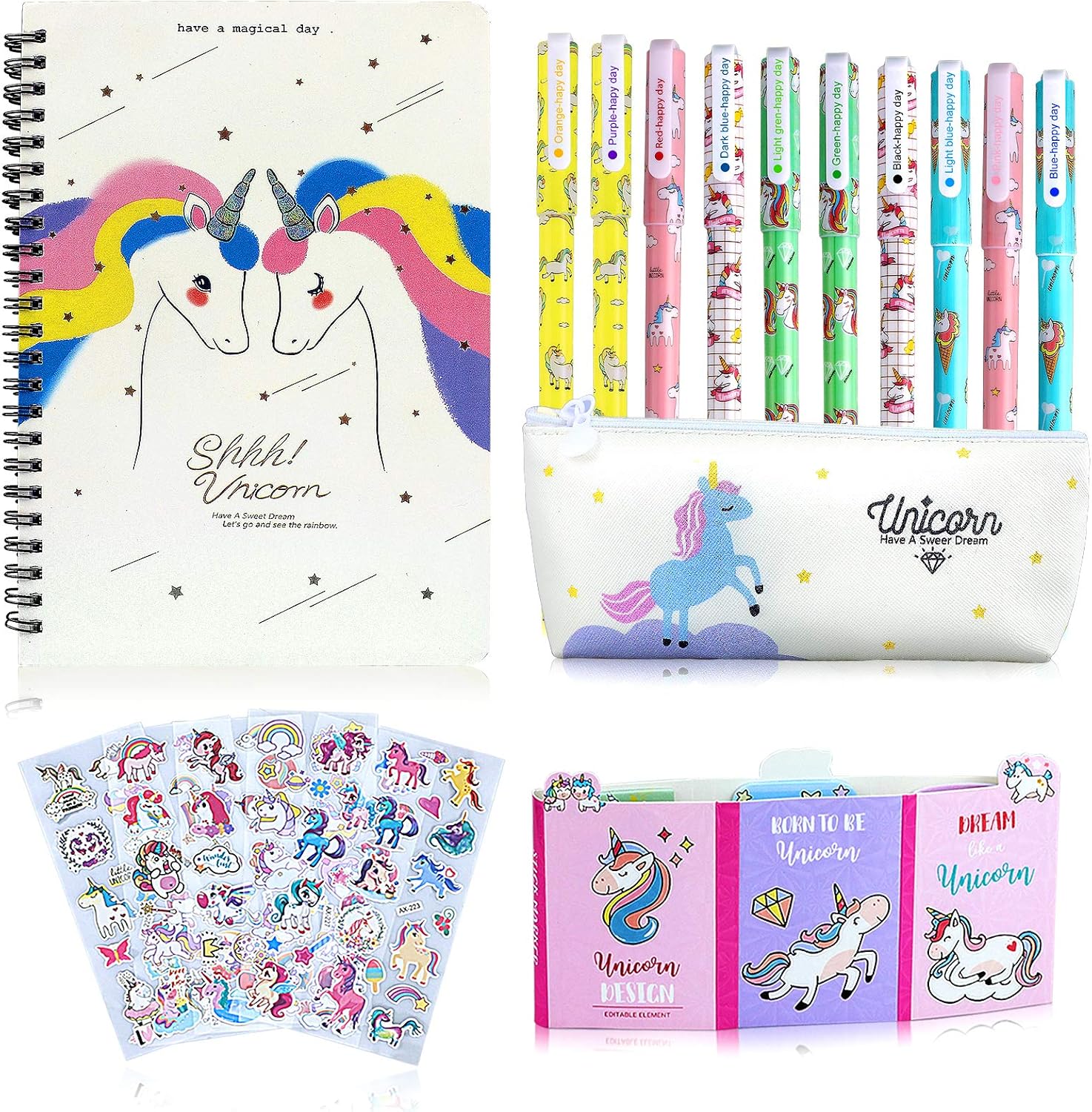 Einhorn Stifte Set Schreibwaren Einhorn Notizbuch und Kugelschreiber Gelstifte und Bleistift Fall und 3D Aufkleber und Haftnotizen und Gelstifte Box