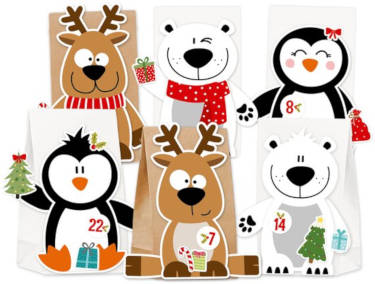 KuschelICH Adventskalender zum Befüllen Eisbär Rentier Pinguin - mit Stickern zum Gestalten und selber Basteln