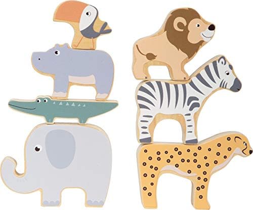 Small Foot 11704 Stapeltiere Safari, Stapel-und Balancierspiel mit Sieben Tierfiguren aus Holz, ab Zwei Jahren Toys